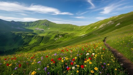 Fototapeta premium Winding path through a vibrant alpine meadow of red, yellow, and purple wildflowers, leading into a huge, dramatic green mountain valley under a blue sky.