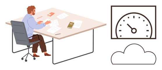 Man organizing papers at desk, books surrounding, speedometer indicating productivity, and cloud outline. Ideal for productivity, data analysis, business, office work, time management efficiency