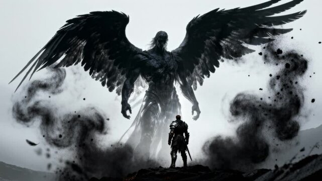 cinematic shadow angel giant towering over warrior feathers dissolving black dust epic