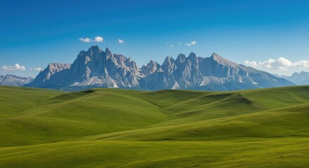 Fototapeta premium A vast panoramic view showing rolling green hills transitioning into distant, imposing, jagged gray mountains under a wide blue sky ,high ,aerial ,ridge