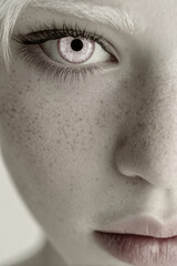 Naklejka premium Close-up of an albino model with pink eyes. Color of the Year 2026: Cloud dancer.