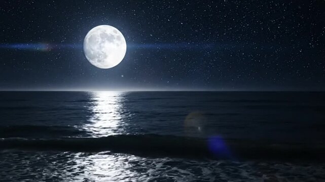 Tranquil Night Scene of a Full Moon Over the Ocean with Sparkling Stars and Gentle Waves