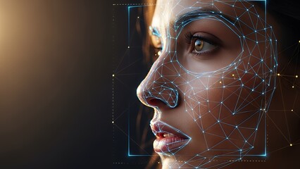 Facial Recognition Technology Scanning Womans Face for Biometric Identification and Security.