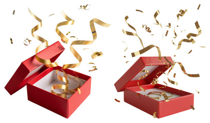 Open Red Gift Box with Golden Confetti Explosion