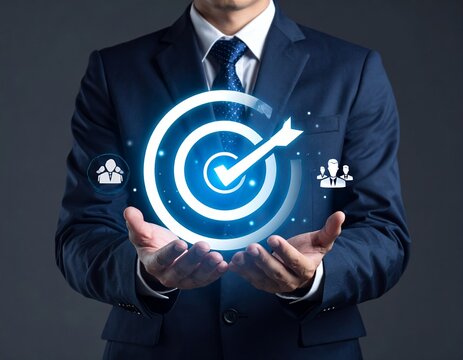 Businessman holding a glowing target with an arrow hitting the bullseye, symbolizing business goals and success.