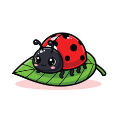Adorable cartoon ladybug with red spotted shell resting on a vibrant green leaf.
