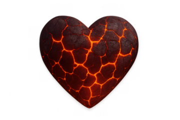 Lava heart glowing with cracks on transparent background