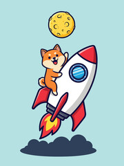 Adorable Shiba Inu dog astronaut riding a rocket to the moon.