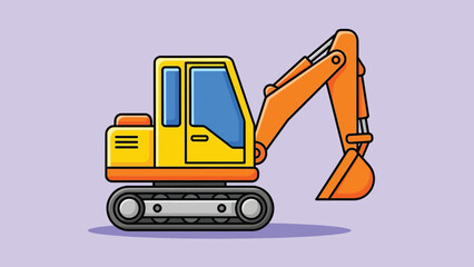 Bright yellow excavator with a large digging bucket and track wheels construction vehicle.