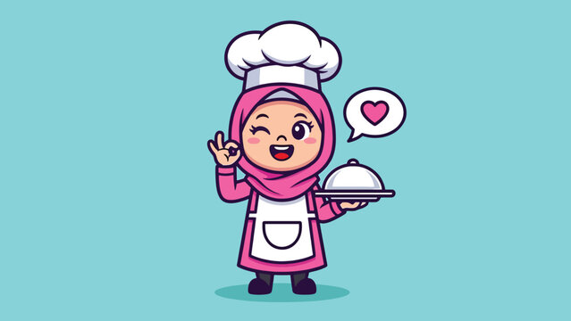 Adorable cartoon Muslim girl chef in pink hijab and apron holding a serving dish winking.