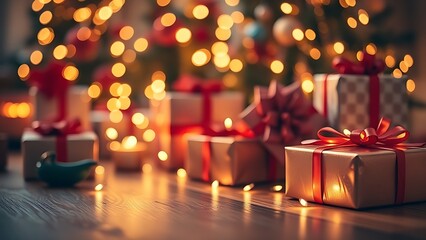Festive holiday setup featuring sparkling lights and wrapped gifts on a wooden table, radiating warmth.