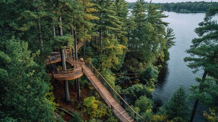 Elevated wooden walkway in forested lakeside setting with towering trees and tranquil water view