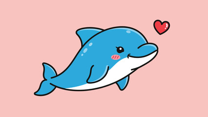 Cute cartoon blue dolphin character with a red heart floating above it.