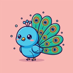 Cute Cartoon Blue Peacock Chick with Fanned Tail Feathers.