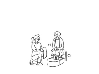 足湯をする高齢女性とタオルを差し出す、看護師、介護士、ヘルパーの女性、線画
