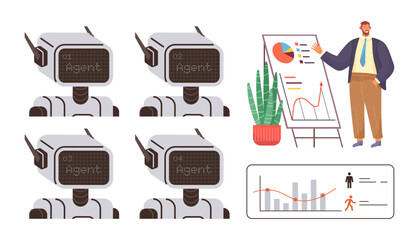 Businessman explaining data insights to robot agents using graphs and charts. Ideal for AI collaboration, automation, data analysis, technology, business strategy, innovation, and workplace