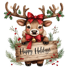 An image of cute christmas reindeer with red scarf.. The scene includes deer, playful, white, adorable, drawing, gift, red, clip