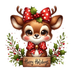 An image of cute christmas reindeer with red scarf.. The scene includes deer, playful, white, adorable, drawing, gift, red, clip
