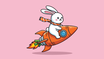 Cute cartoon white rabbit wearing a scarf riding an orange rocket flying upwards.