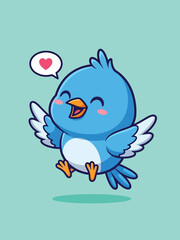 Cute Happy Cartoon Blue Bird with Heart Speech Bubble.