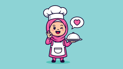 Cute Muslim Female Chef Winking and Holding Food Dish with Heart Icon.