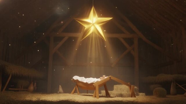 Star Shining Over the Manger of Jesus Christ &mdash; Holy Nativity Christmas Concept Animation