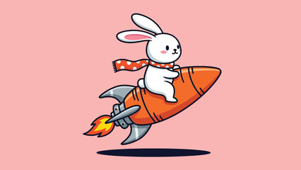 Cute White Rabbit Wearing a Scarf Flying on an Orange Rocket.