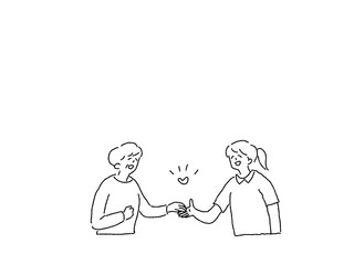 高齢者と手を取り合う女性看護師、介護士の女性、線画、
