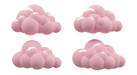 Four clusters of pink bubble-like clouds isolated on a transparent background fluffy
