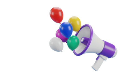 Megaphone with colorful balloons emerging from opening isolated on a transparent background