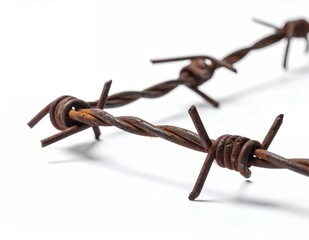 Close-up of rusty barbed wire strands on a white background, symbolizing boundaries and security.