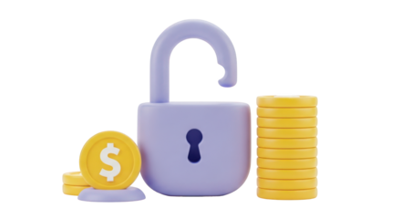 Open purple padlock with stack of gold coins isolated on a transparent background unlocked