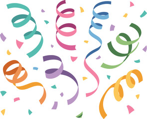Vibrant colorful falling confetti and swirling party ribbons or streamers, festive celebration background, abstract birthday holiday design vector