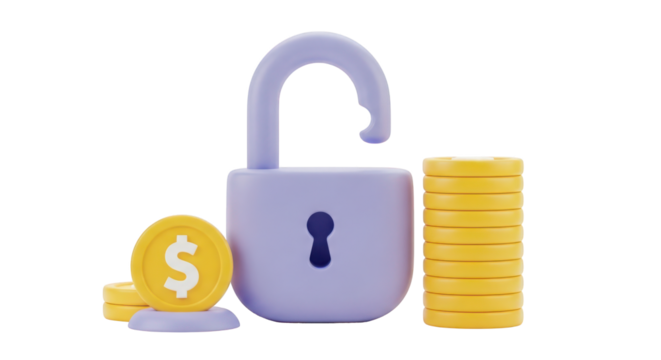 Open purple padlock with stack of gold coins isolated on a transparent background unlocked - Powered by Adobe