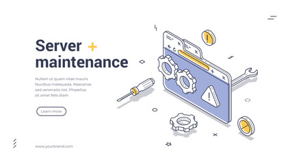 Server maintenance web banner. Isometric template with browser window, gears, and tools. Vector illustration for technical support or system administration landing page