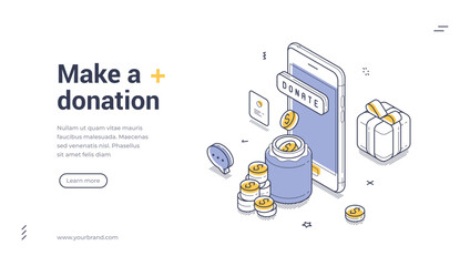 Donation and charity web banner. Isometric template with smartphone, money coins for fundraising campaign. Vector illustration for landing page or mobile app promotion