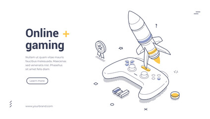 Online gaming web banner. Isometric template with gamepad and rocket. Vector illustration for cybersport competition or game streaming. Modern design for landing page or mobile app