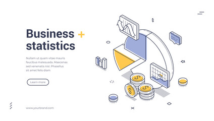 Isometric web banner for business statistics and data analysis. Vector illustration template with pie chart and coins. Concept for finance report, market research, and modern web page design