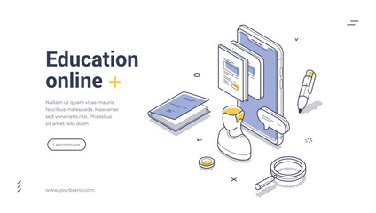Isometric web banner for online education and e-learning. Vector illustration template with smartphone and books. Modern landing page for distance courses and knowledge on a mobile application