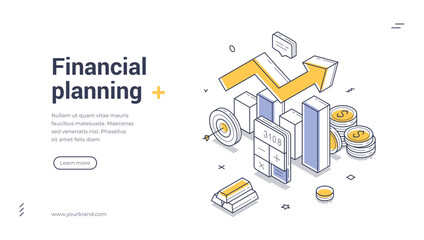 Isometric web banner for financial planning. Vector illustration with chart, arrow, coins. Modern template concept for business strategy, investment analysis, and finance web page design