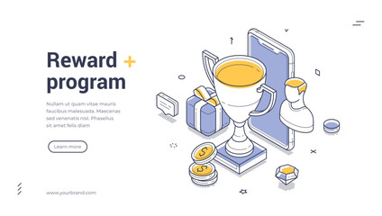 Isometric web banner for reward program and loyalty system. Vector illustration template with trophy cup and gift. Modern landing page for customer bonuses and online prizes