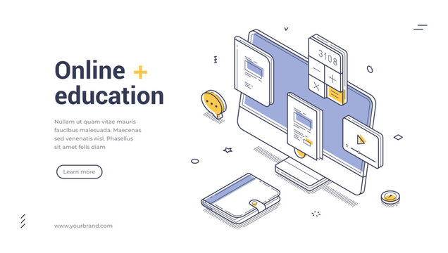 Isometric web banner template for online education. Vector illustration of a computer with educational icons. Modern concept for e-learning, distance courses, and knowledge acquisition online