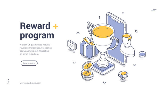 Isometric web banner for reward program and loyalty system. Vector illustration template with trophy cup and gift. Modern landing page for customer bonuses and online prizes