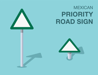 Traffic regulation rules. Isolated mexican "priority road" road sign. Front and top view. Flat vector illustration template.