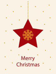 Christmas greeting card. Red star with a snowflake inside and the text "Merry Christmas" on a gold background. Vector illustration. New Year's vertical background. Festive sale banner.