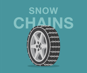 Isolated perspective view of a winter season tire. Increase traction with snow chains. Flat vector illustration template.
