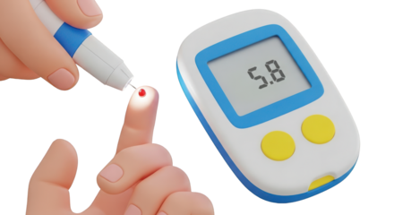 Person using lancet to test blood sugar with glucose meter isolated on a transparent background