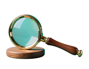 3D Render of Golden Magnifying Glass on Wooden Stand