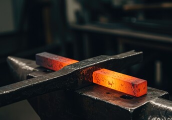 Close up texture of hammered hot iron workpiece resting on an anvil in a workshop ready for cooling and finishing ,industry ,craftsmanship ,surface