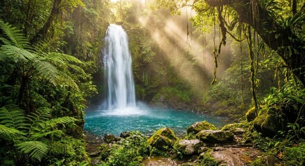 Naklejka premium Tall waterfall cascading into a clear blue pool surrounded by lush green jungle plants, mist floating in the air, sun rays breaking through dense canopy, vibrant and fresh rainforest background